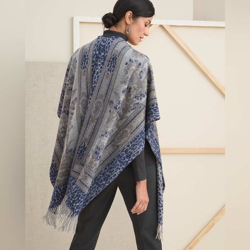 Chico’s Reversible Fringed Ruana Wrap 100% Wool